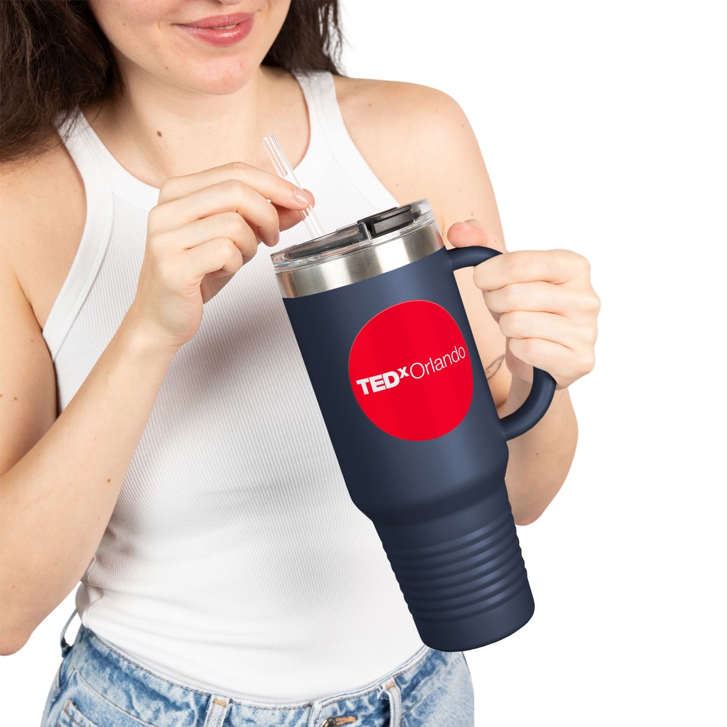 TEDxOrlando 'Red Dot Design' 40oz Insulated Travel Mug — Large Stainless Steel Tumbler with Straw & Handle