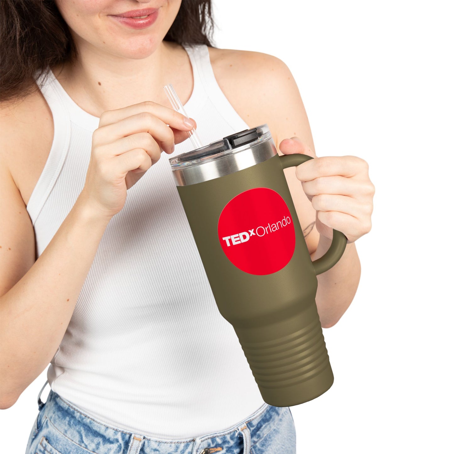 TEDxOrlando 'Red Dot Design' 40oz Insulated Travel Mug — Large Stainless Steel Tumbler with Straw & Handle
