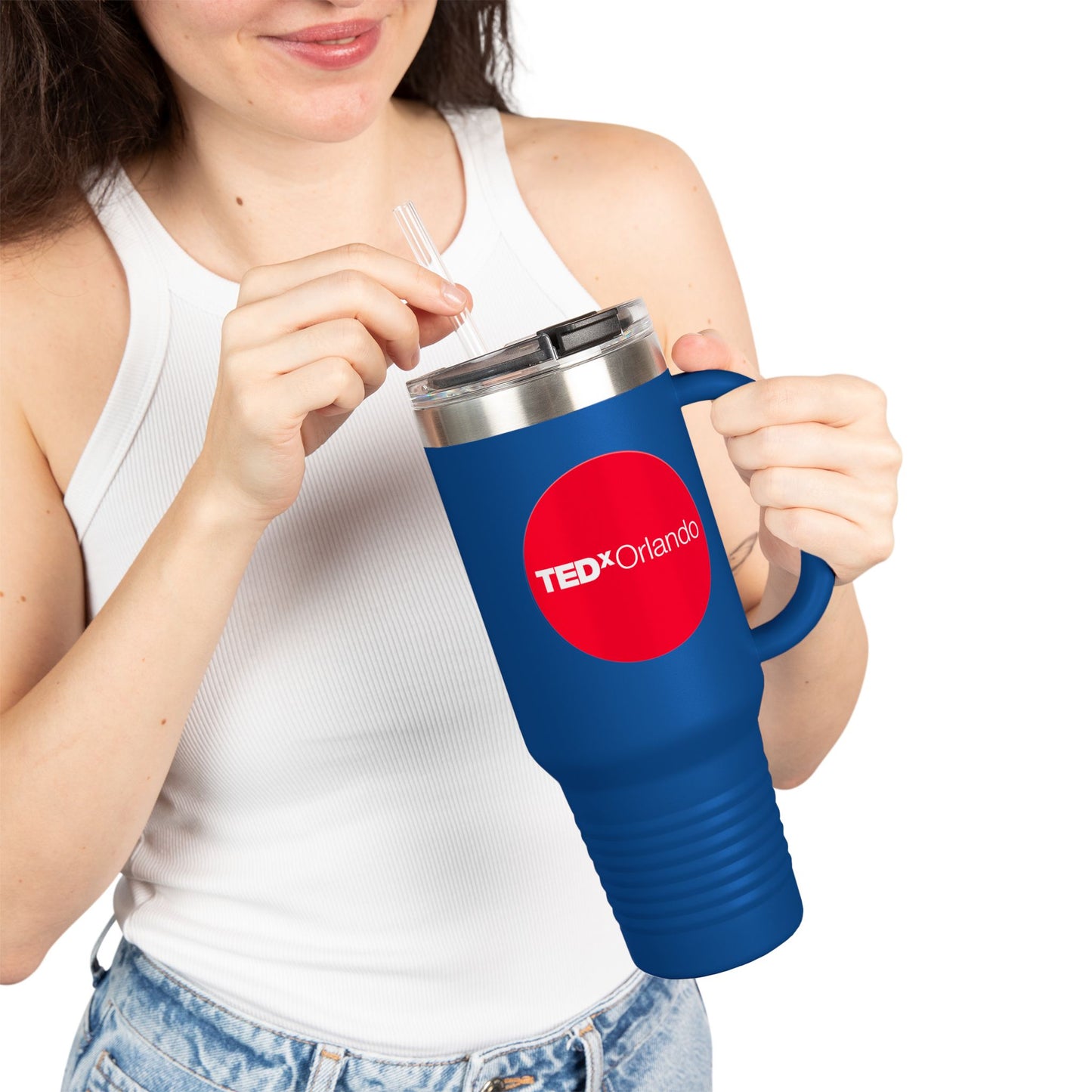 TEDxOrlando 'Red Dot Design' 40oz Insulated Travel Mug — Large Stainless Steel Tumbler with Straw & Handle