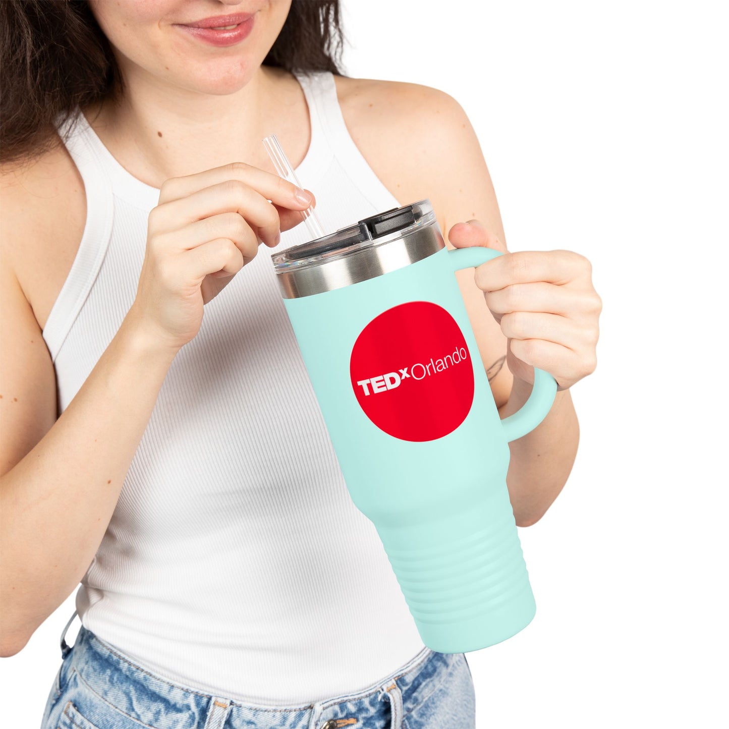 TEDxOrlando 'Red Dot Design' 40oz Insulated Travel Mug — Large Stainless Steel Tumbler with Straw & Handle