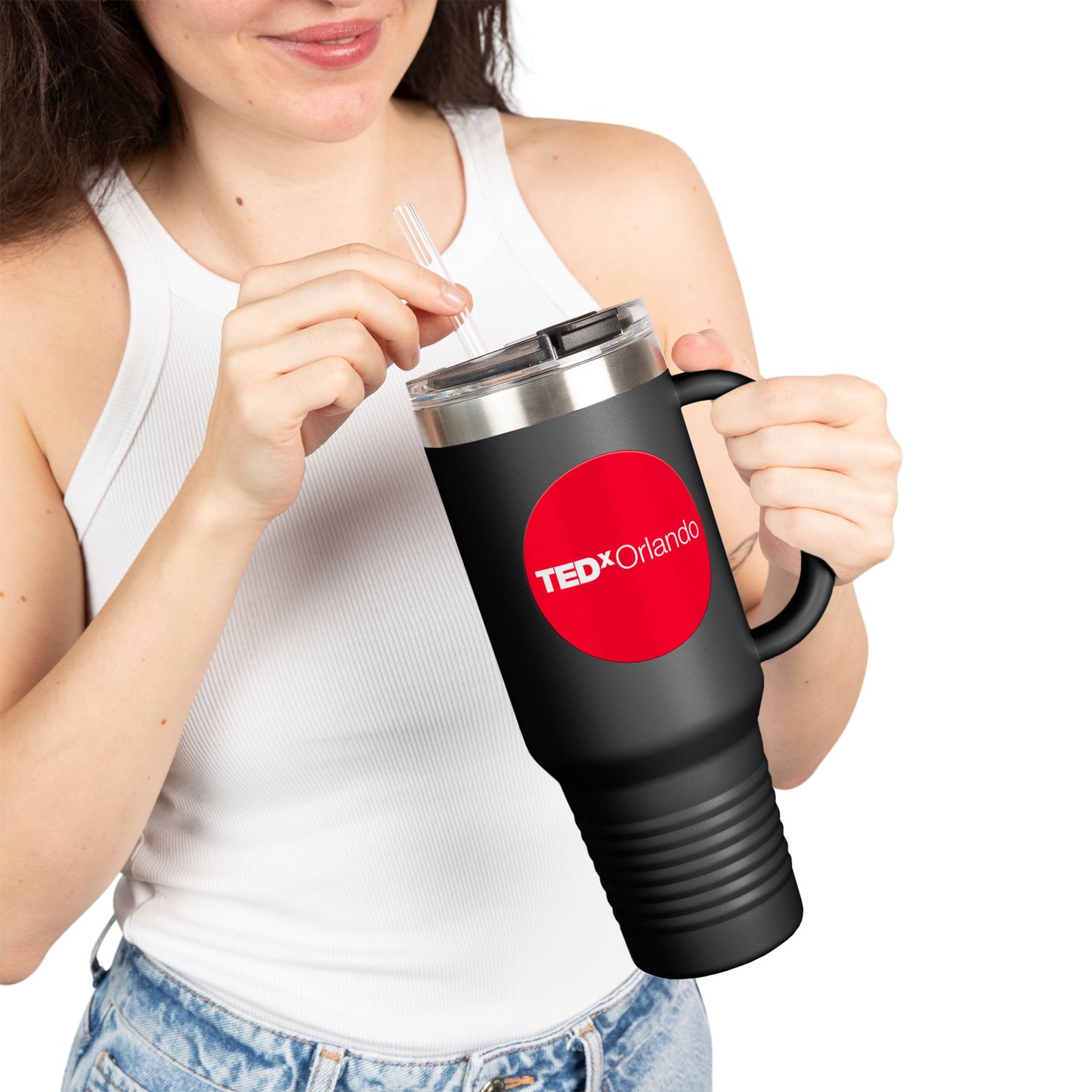TEDxOrlando 'Red Dot Design' 40oz Insulated Travel Mug — Large Stainless Steel Tumbler with Straw & Handle