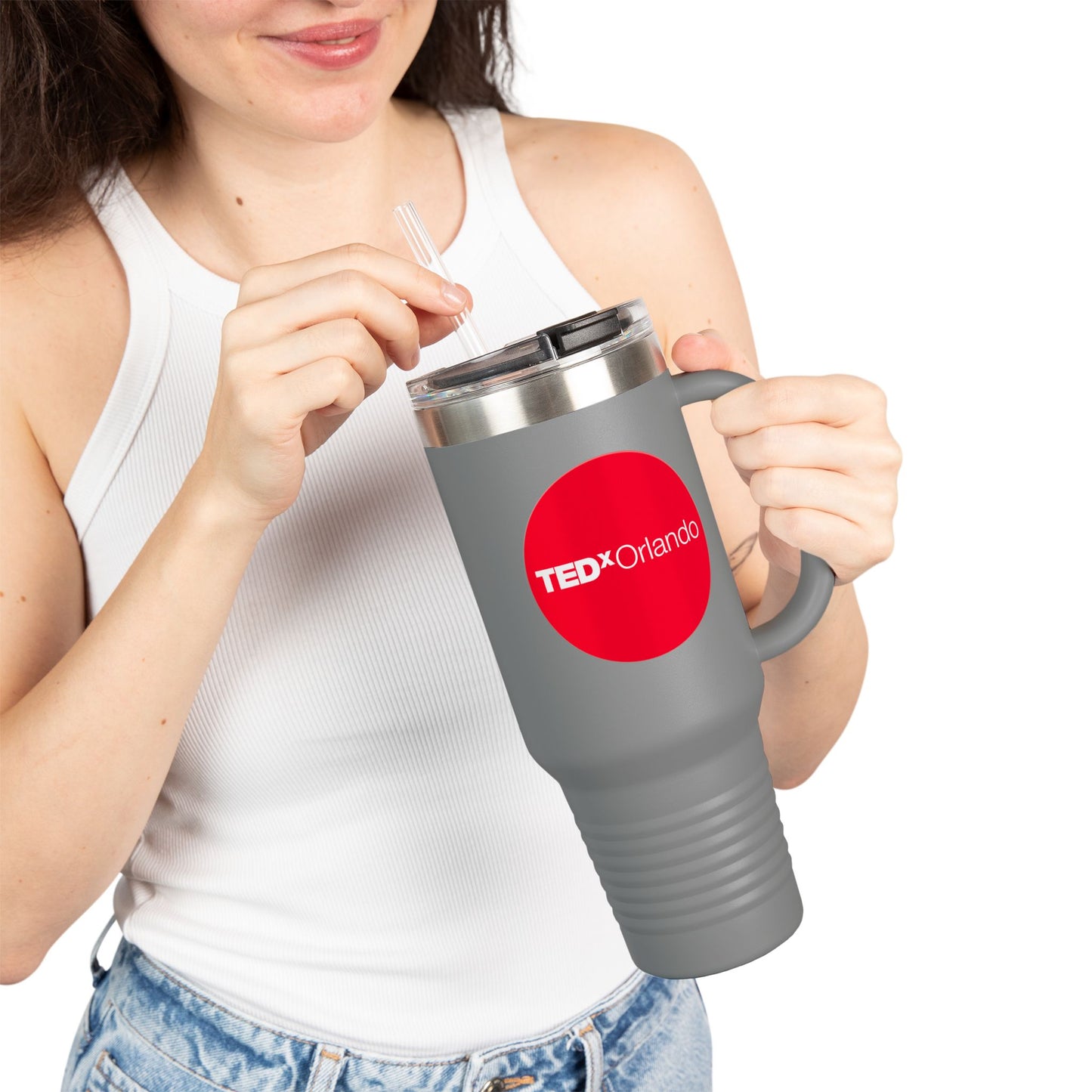 TEDxOrlando 'Red Dot Design' 40oz Insulated Travel Mug — Large Stainless Steel Tumbler with Straw & Handle