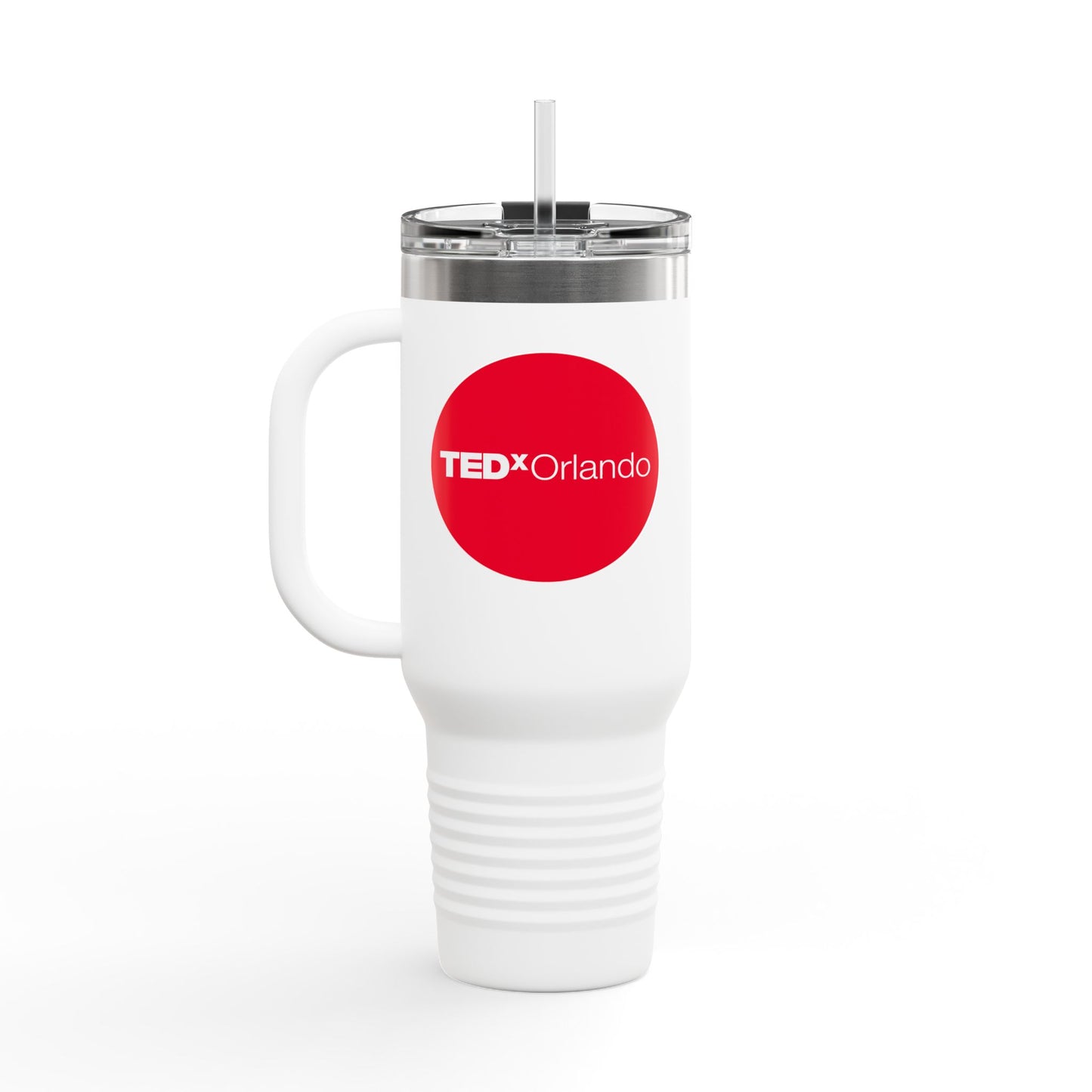 TEDxOrlando 'Red Dot Design' 40oz Insulated Travel Mug — Large Stainless Steel Tumbler with Straw & Handle